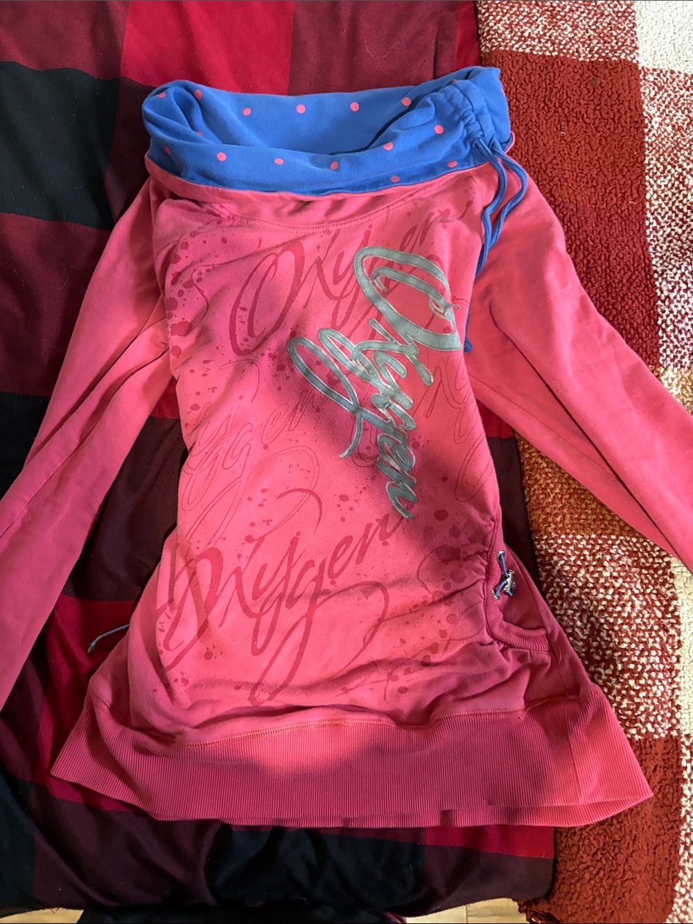 Oxygen 2000s Pink Hoodie with Blue Polka-Dot Cowl Neck